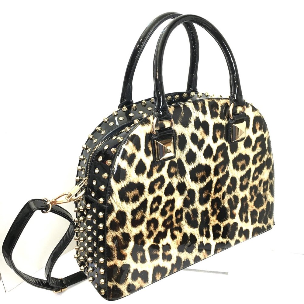 Dasein Leopard Print Rhinestone Stud Faux Leather Dome Crossbody Tote Purse